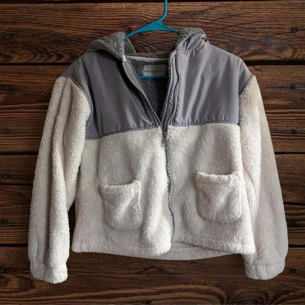 Madden Girl Full-Zip Hooded Jacket XL (12) Sherpa Fleece Gray White